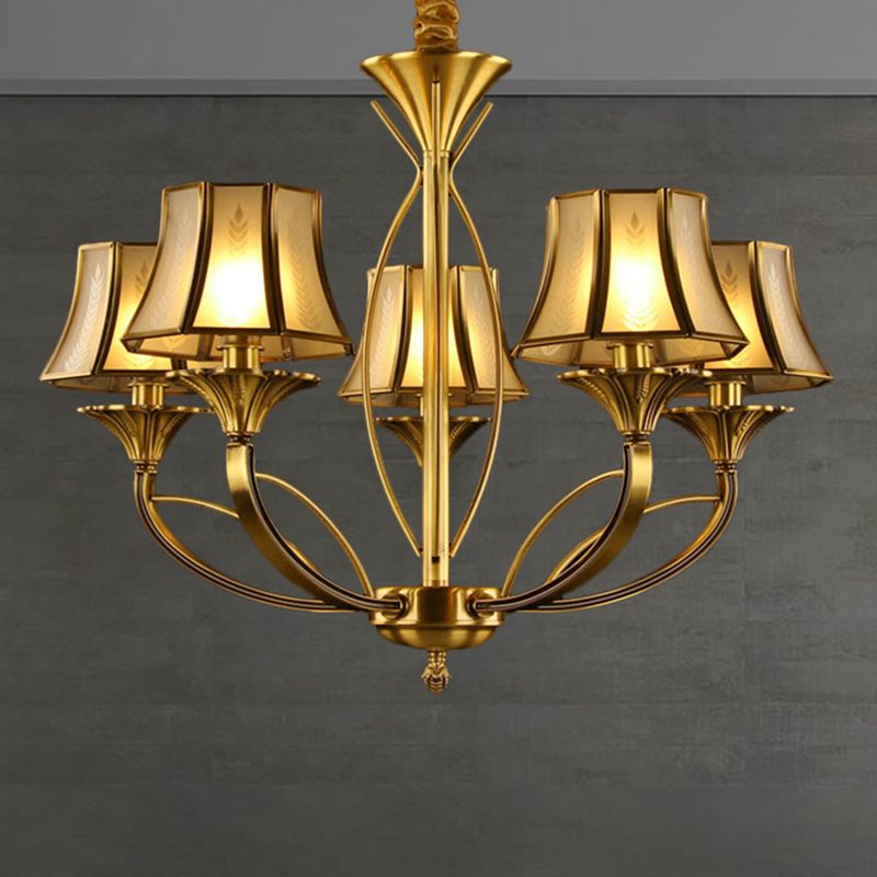 Gold Flared Chandelier Colonization Frosted White Glass 5/6/8 Heads Living Room Pendant Light with Curved Metal Arm