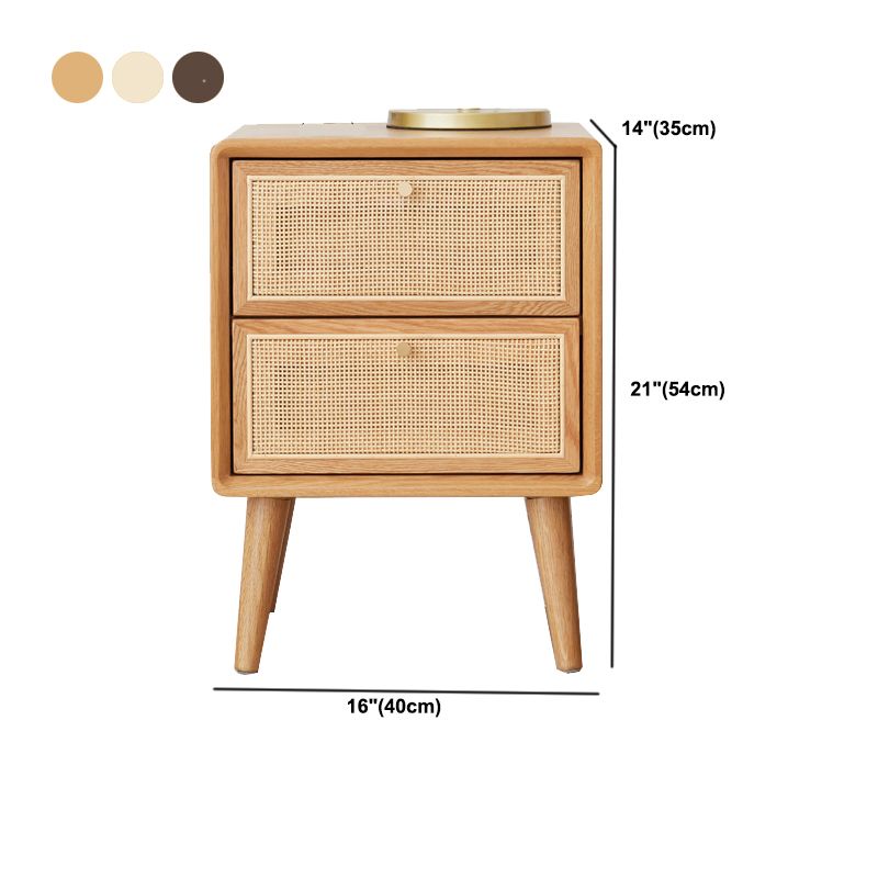 Wicker & Rattan Modern Night Table Solid Wood 2-Drawer Storage Nightstand