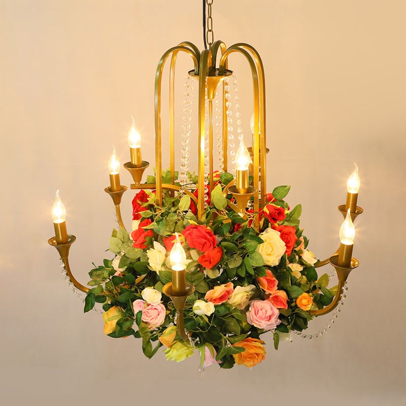 Candle Restaurant Chandelier Lighting Industrial Metal 9 Bulbs Gold Ceiling Pendant Light with Rose Decor