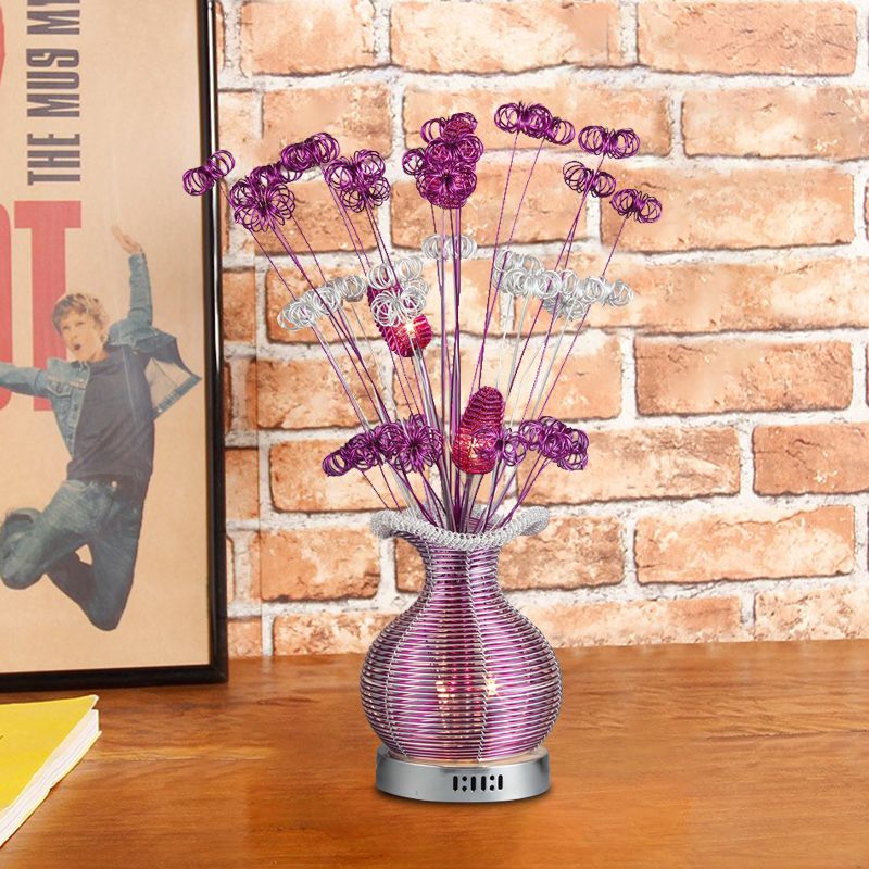 Art Deco Plant and Vase Nightstand Light Aluminum Wire LED Night Table Lamp in Purple