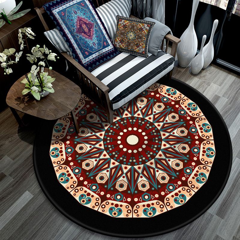 Retro Mandala Indoor Rug Dark Color Moroccan Carpet Polypropylene Non-Slip Pet Friendly Washable Rug for Sitting Room