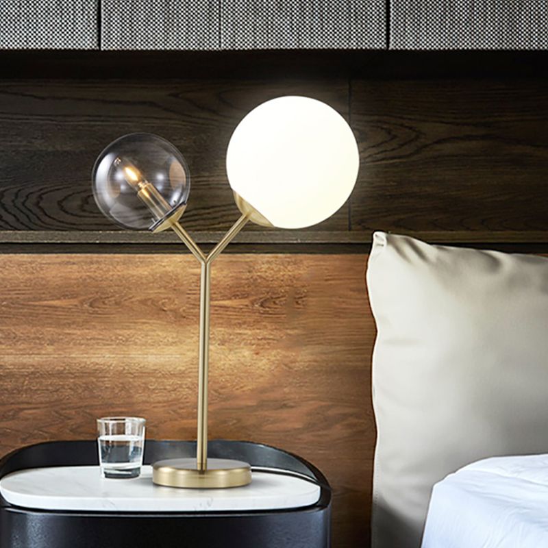 Globe Bedroom Table Lighting Grey and Cream Glass 2-Light Modern LED Branch Desk Lamp in Gold