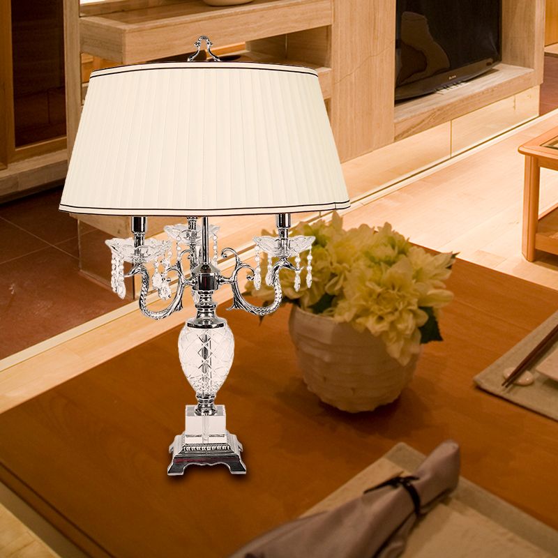 3-Light Bedroom Crystal Nightstand Light Minimalist White Table Lighting with Cone Fabric Shade