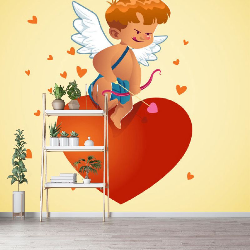 Full Size Cartoon Character Murals Childrens Art Cute Cupid Boy Wall Art in Red-Yellow