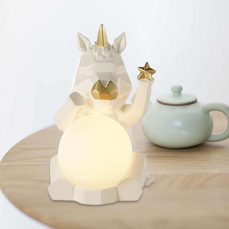 Cartoon Dog/Rabbit/Unicorn Night Light Resin LED Bedroom Table Lamp in Pink/Black/Grey with Globe Opal Glass Shade