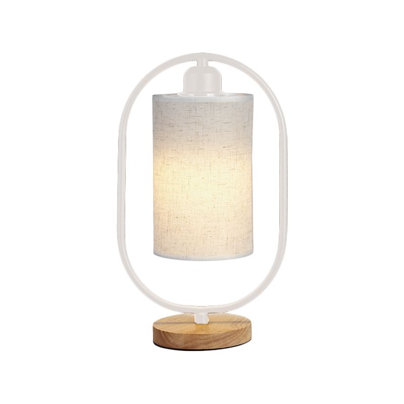 Column Plug In Nightstand Lighting Modern Fabric 1-Light Bedside Table Light with Black/White Ellipse Frame and Wood Base