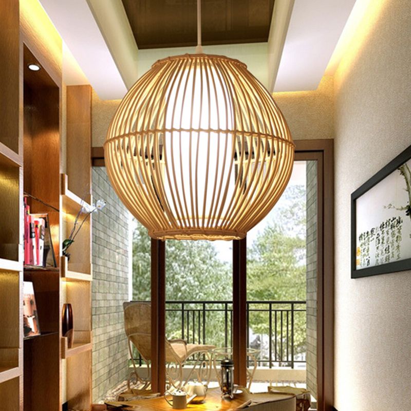 Bamboo Curved Hanging Light Japanese 1 Bulb Beige Pendant Lighting Fixture for Dining Room