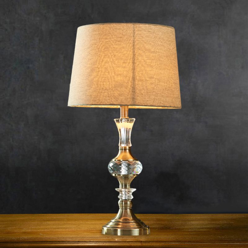 Fabric Beige Night Stand Lamp Tapered Pleated Shade 1 Bulb Traditional Table Light with Crystal Balls