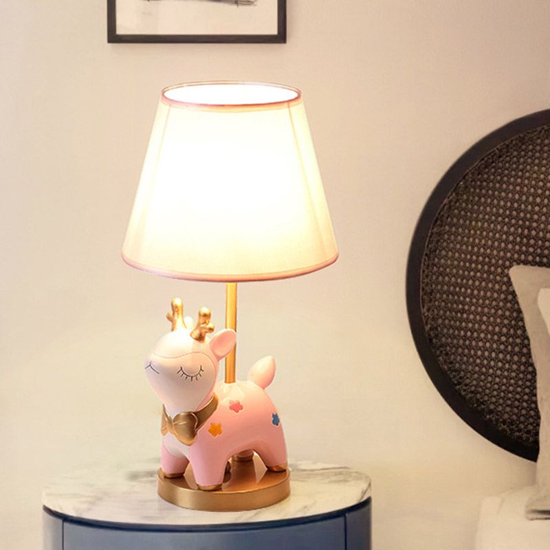 Sika Deer/Unicorn Bedside Table Lamp Resin Single Kids Night Light in Pink/Blue with Tapered Fabric Shade