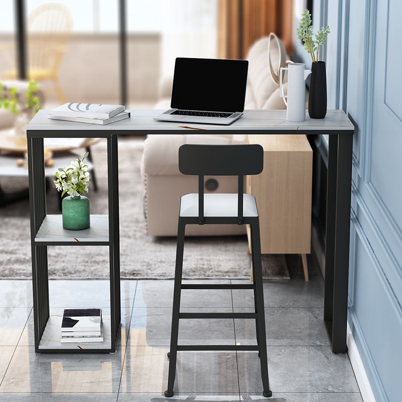 Modern Black Iron Bar Dining Table with White Stone Top Rectangle Indoor Bistro Table