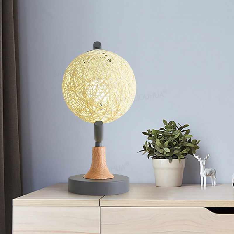 Metallic Globe Nightstand Light Asia Style 1 Light Table Lamp in White/Grey/Green with Rattan Shade