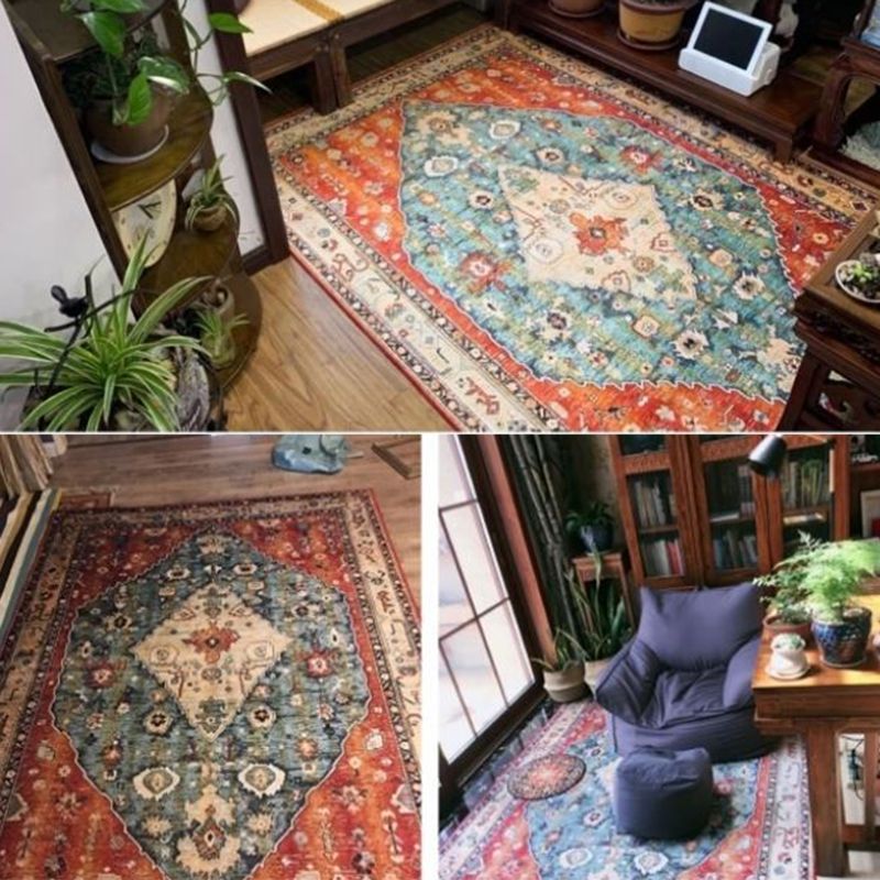 Roter Ton Vintage-Fläche Teppich Polyester Medaillon-Druck Teppich nicht rutschfestem Innenteppich für Wohnzimmer