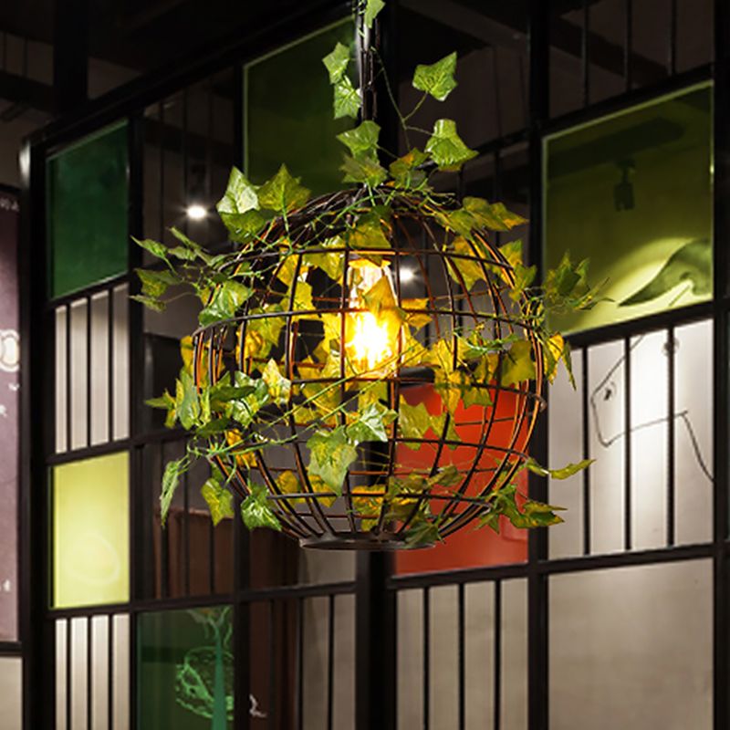 Stile industriale Globe Cage Soffitto Appuntamento Abbassa 1 Pendulum di ferro testa Light con pianta artificiale Deco in nero