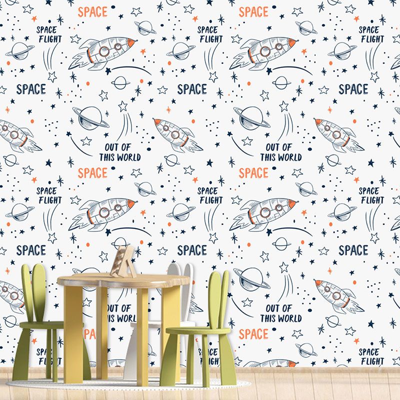 Stain-Resistant Cartoon Rocket Wallpaper 29.1 sq ft. Minimalist Children's Bedroom Wall Art for Kid's Bedroom Decoration