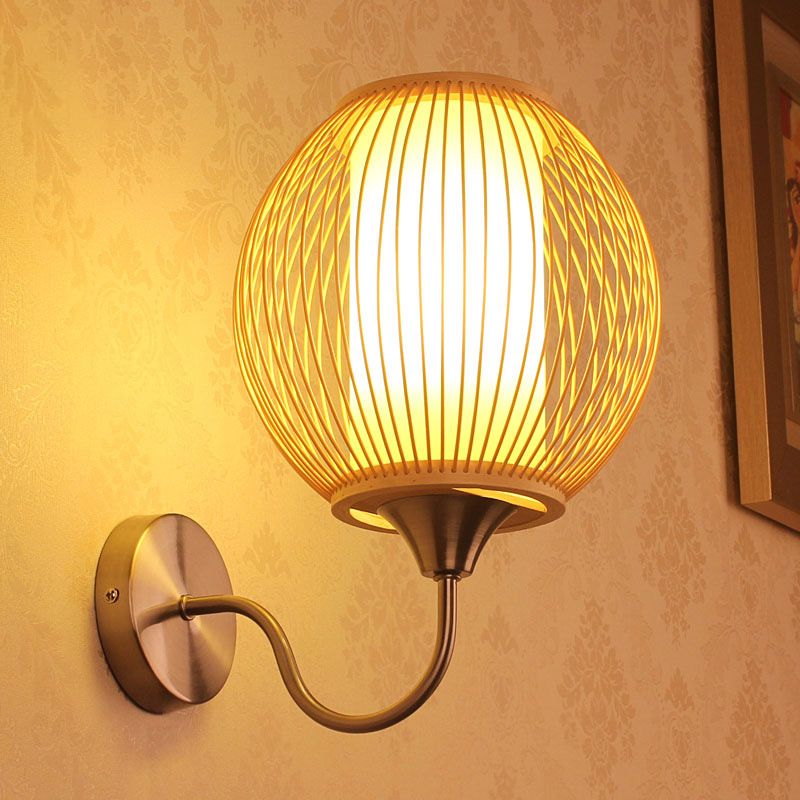 Stile asiatico Lighting Global Lighting SCONCE Bamboo Camera da letto a bulbo singolo Lampada a parete a muro con tonalità di pergamena tubolare interno in legno