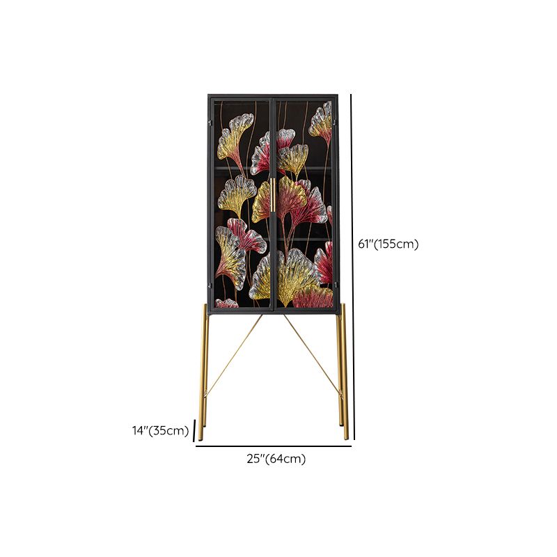 Traditional Display Stand Faux Wood Glass Doors Storage Cabinet for Dining Room