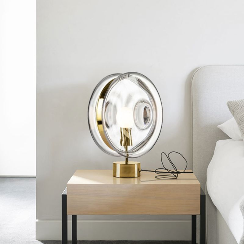 Round Night Table Light Modernism Blue/Clear Glass Single Bulb Bedside Nightstand Lamp in Gold