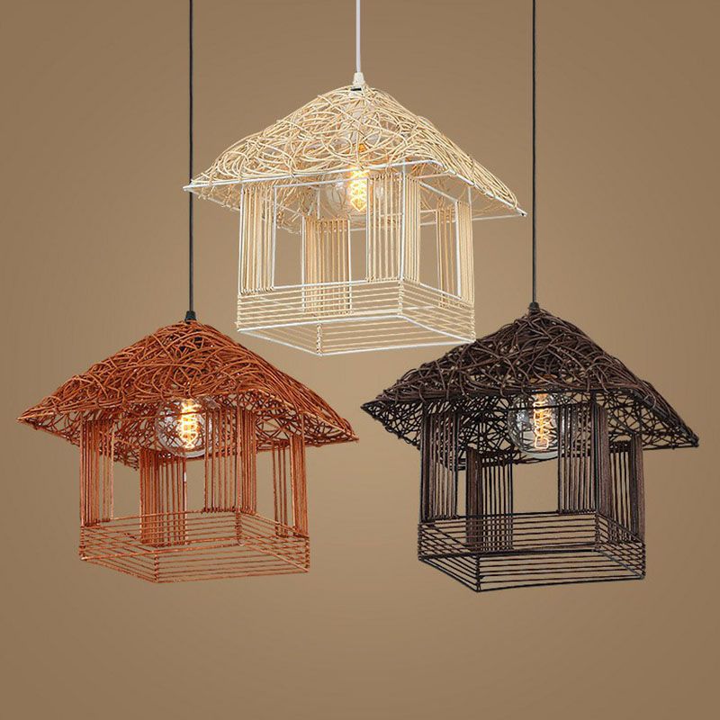 House Shaped Tea Room Pendant Light Bamboo Single-Bulb Contemporary Suspension Light Fixture