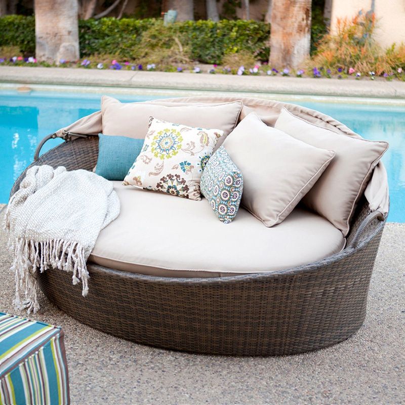 Round Cushion Patio Daybed Water Resistant Outdoor Sofa with Canopy