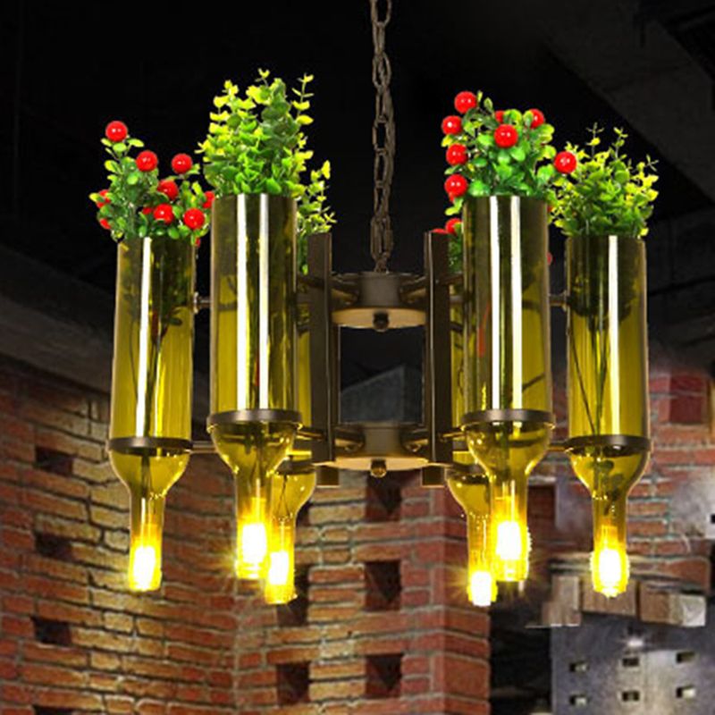 Wine Bottle Green Glass Chandelier Light Industrial 6-Light Dining Room Pendant Lighting with Flower