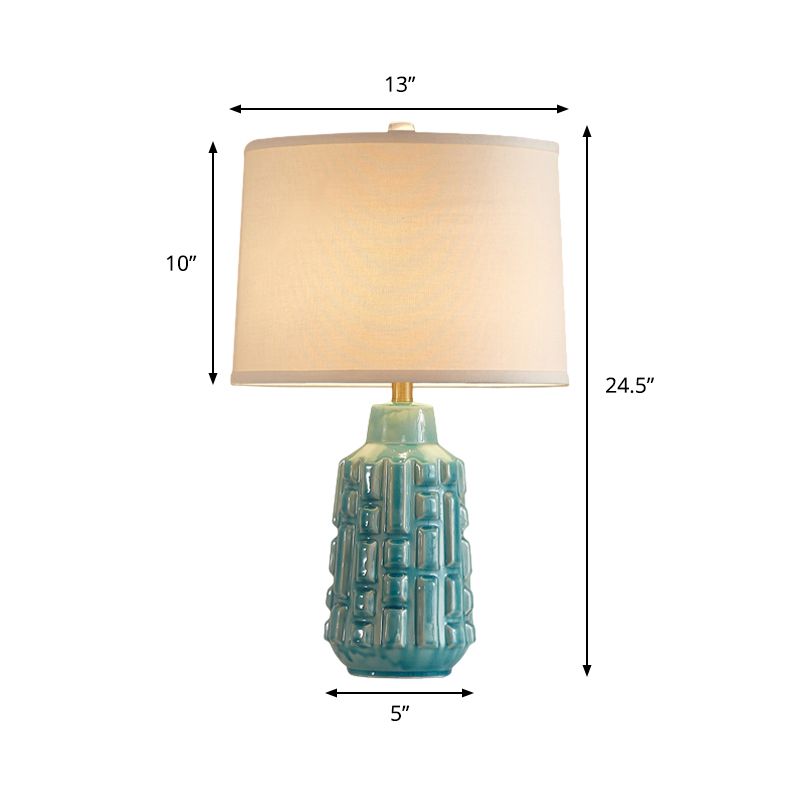 Fabric Scalloped Bell/Drum Table Lamp Vintage 1 Bulb Parlor Nightstand Light with Ceramic Pot Base in Blue