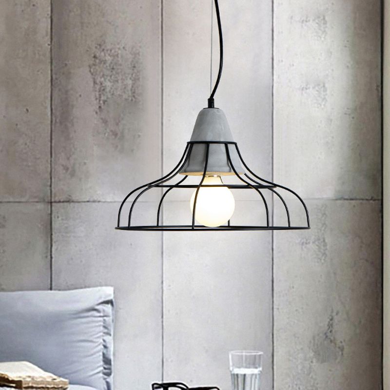 Industrial Cylinder/Dome/Arc Cage Pendant 1 Bulb Iron Hanging Light Kit in Black with Cement Cap