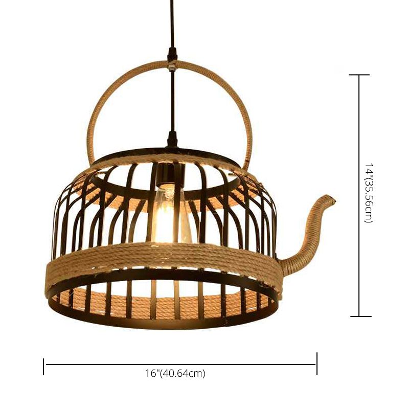 Tea Kettle Shaped Retro Hemp Rope Design Hanging Light 16" Wide Industrial Style 1-Light Suspended Lighting Fixture