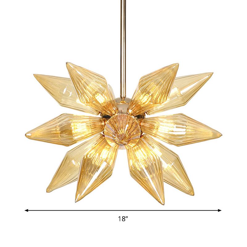 18 Heads Conical Hanging Chandelier Modern Amber Ribbed Glass Ceiling Pendant Light in Gold