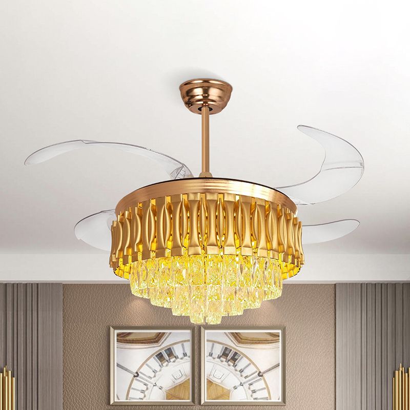 Simple Tiered Semi Flush Crystal Rectangle Drawing Room LED Hanging Fan Lamp in Gold with 4-Blade, 19" W