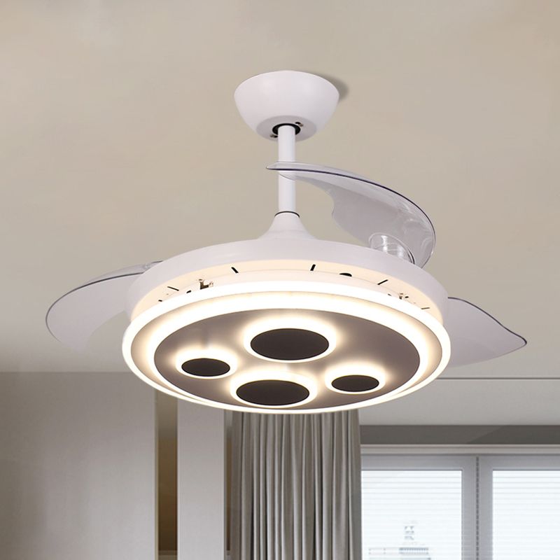 42" W White Circle Semi Flush Simplicity Acrylic 3 Blades LED Hanging Fan Lighting for Drawing Room