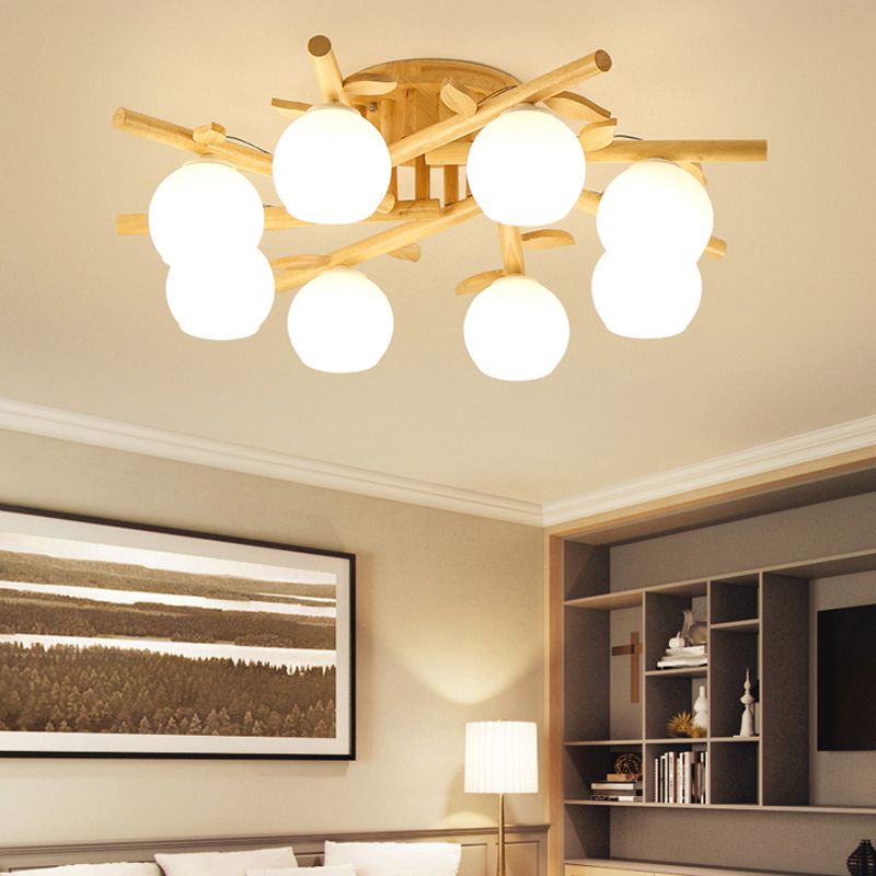 Wood Round Shape Flush Mount Light Modern-Style Multi Lights Flush Ceiling Light in Brown