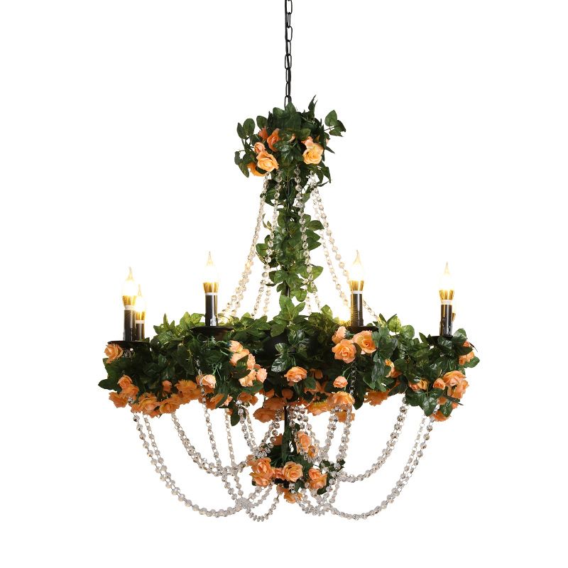 Black Candle Ceiling Chandelier Retro Iron 8 Lights Restaurant Plant Pendant Light with Crystal Accent