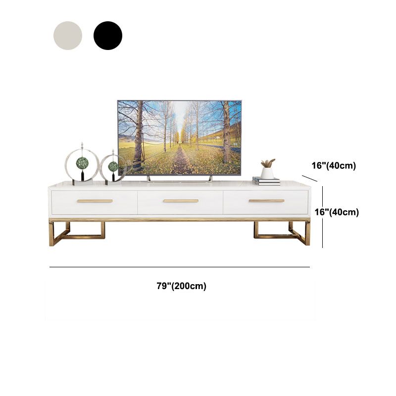 Glam Glass Top TV Stand in Black/White Steel Frame TV Console with Drawer