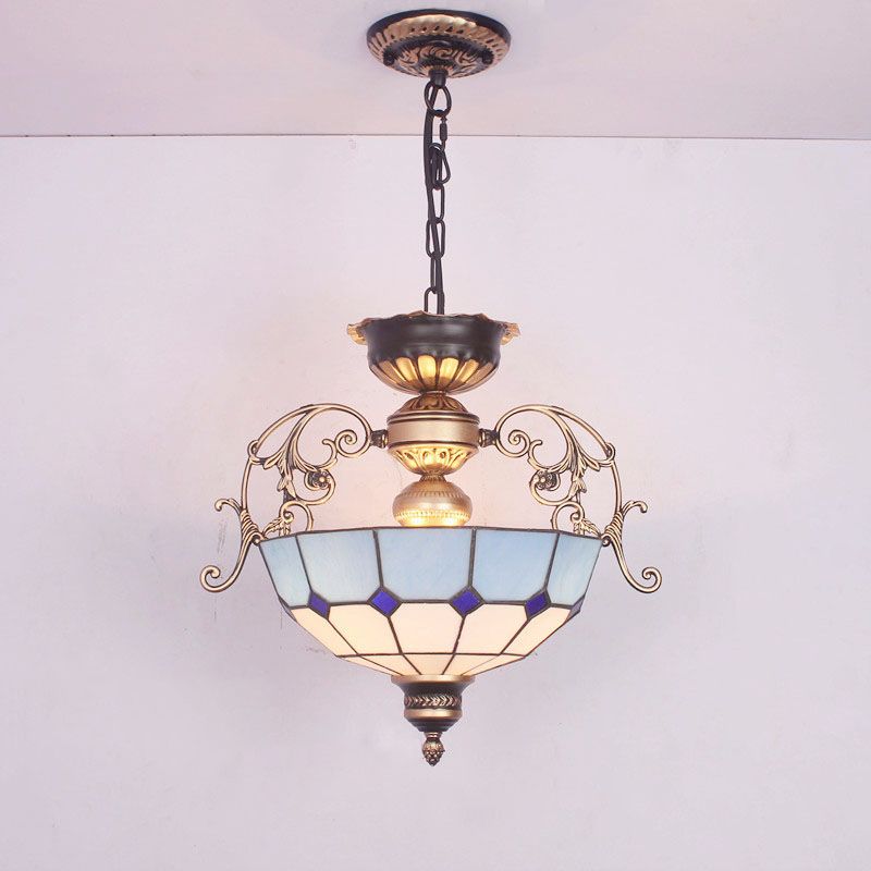 Inverted Dome Chandelier Light 3 Bulbs Gridded Glass Pendant Light Fixture for Entryway