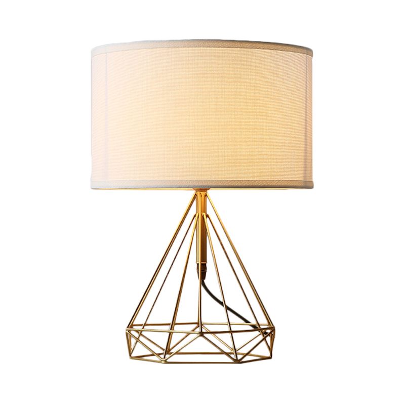 Diamond Cage Table Light Minimalist Metallic 1 Head Bedside White Fabric Desk Lamp in Gold