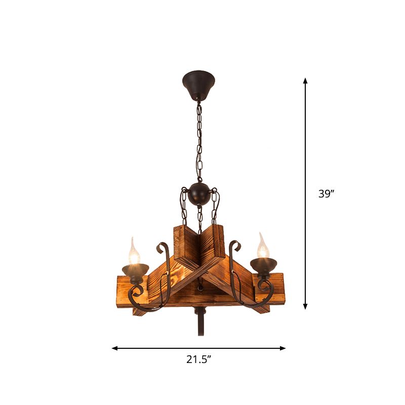 Wooden Triangular/Square Hanging Light Fixture Nautical 3/4/6-Head Restaurant Ceiling Chandelier with Candle in Brown