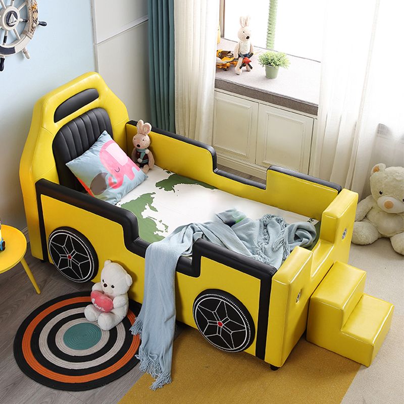 Modern Yellow Go-Kart Bed Upholstered Mattress Included Kids Bed with Guardrail & Stairway