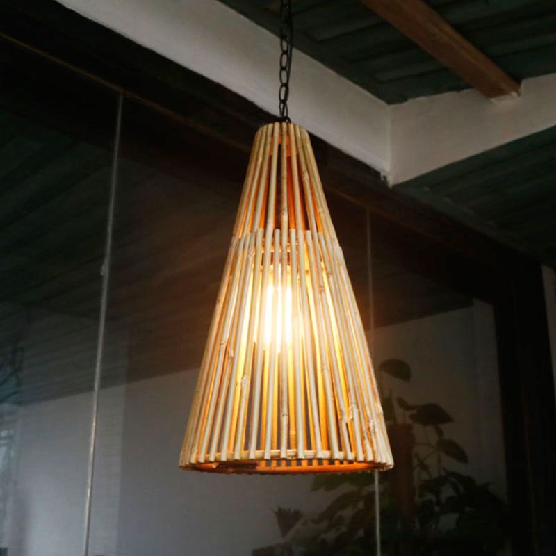 Bambou Bamboo Cone Cone Shade Pendante Light Vintage One Bulbe Natural Wood Suspension Lampe avec chaîne réglable