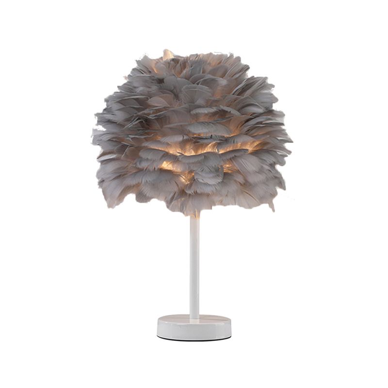 Goose Feather Dome Night Light Nordic 1 Bulb Grey/White/Pink Table Lamp with Tripod/Straight Stand in Black/White/Wood