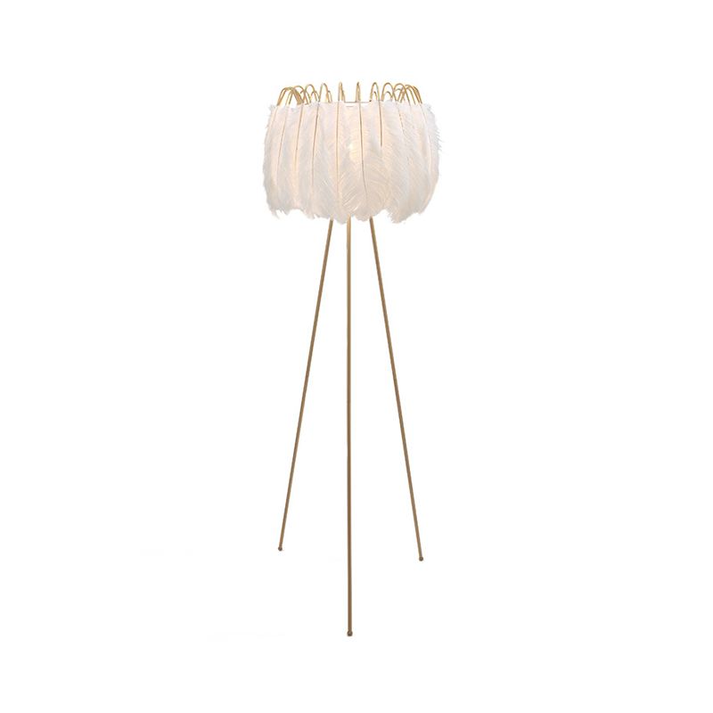 Drum Floor Standing Light Post-Modern Goose Feather 1-Head Bedside Tripod Floor Lamp in Brass and White