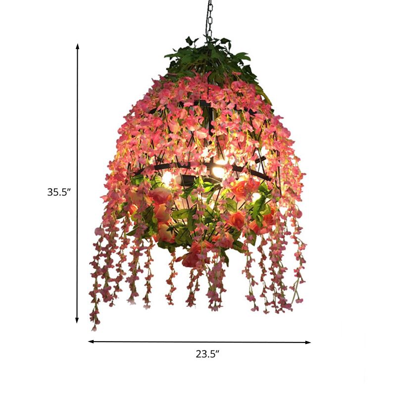 Pink Floral Chandelier Pendant Light Industrial Metal 3 Heads Restaurant LED Hanging Lamping