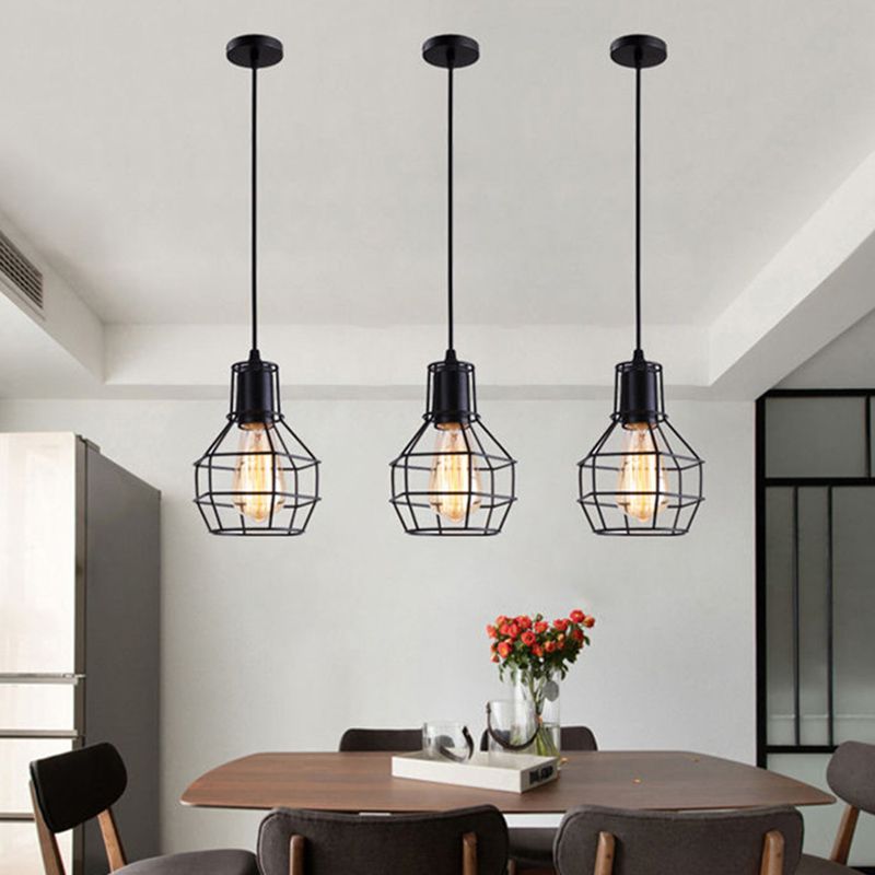 Cage Shade Pendant Lamp Industrial Black Finish Iron Hanging Light for Dining Room