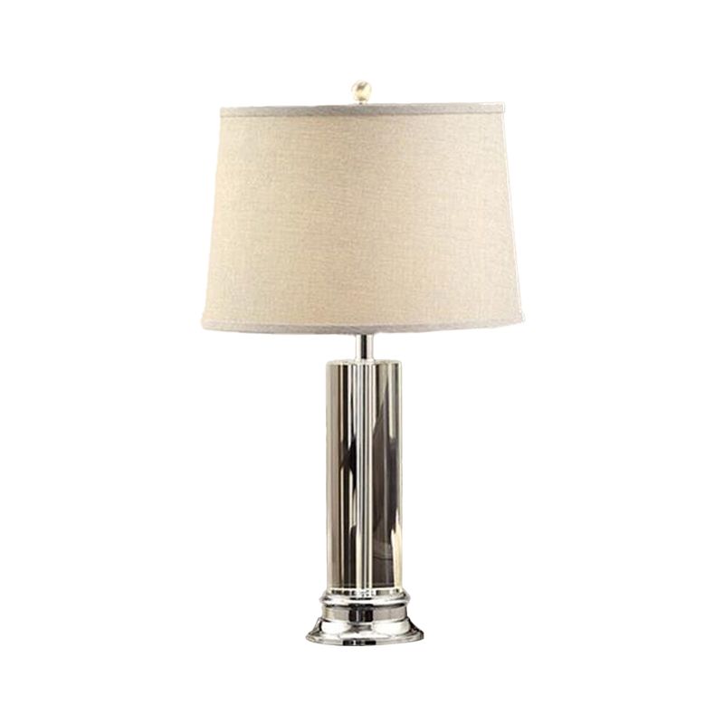 Traditional Barrel Shade Nightstand Lamp 1 Head Fabric Table Light in Beige with Cylinder K9 Crystal Post