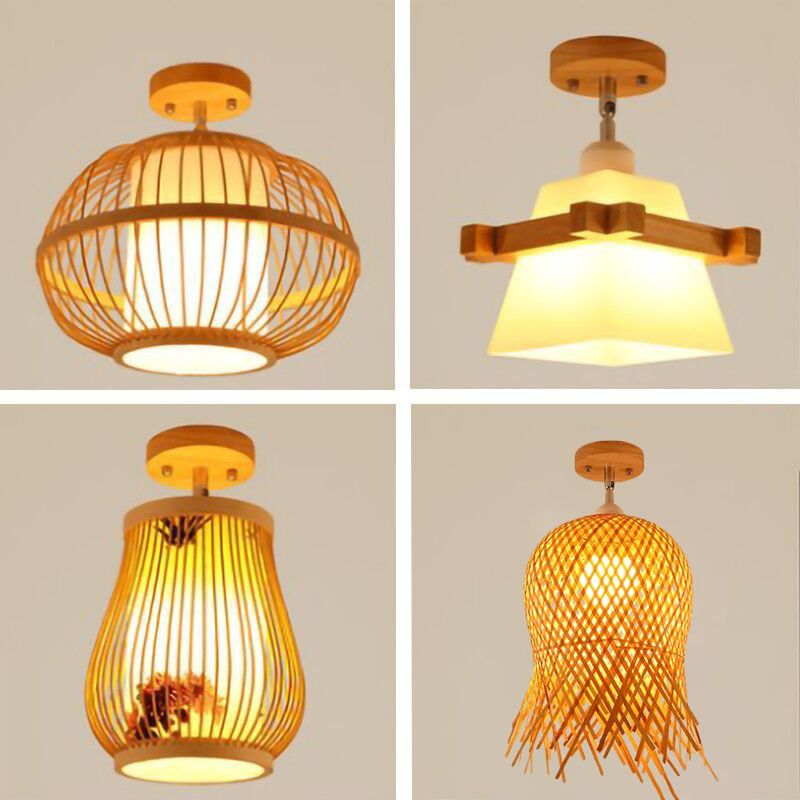 Geometric Semi Flush Mount Light Asian Bamboo Single Aisle Ceiling Flush Lamp in Wood