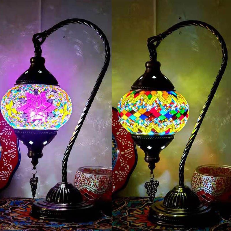 1 Bulb Gooseneck Table Light Moroccan Mosaic Stained Glass Night Light with Globe Shade