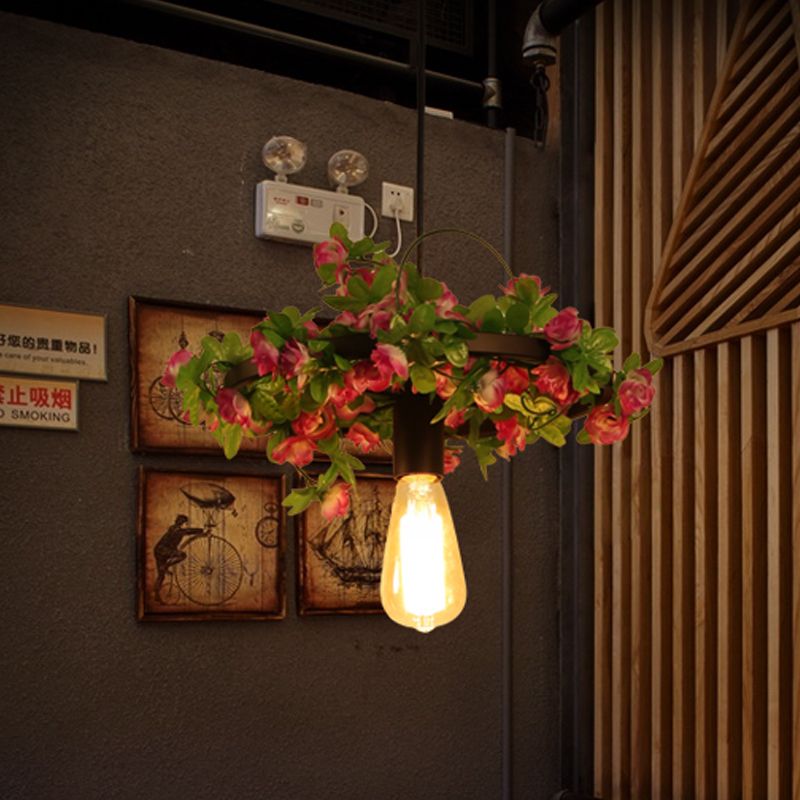 Lampada a sospensione a 1 testa a sospensione a sospensione Vintage Black Metal LED Flower Hanging Lampada per ristorante