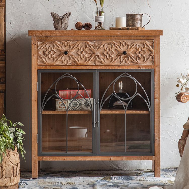 Distressed Brown Drawers Included Cabinet Glass Paned Wood & Iron Accent Cabinet