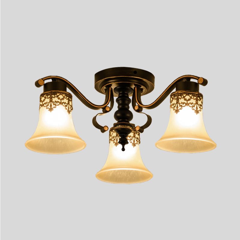 Black Bell Semi Flush Mount Classic Frosted Glass 3/6/8 Lights Living Room Ceiling Light Fixture