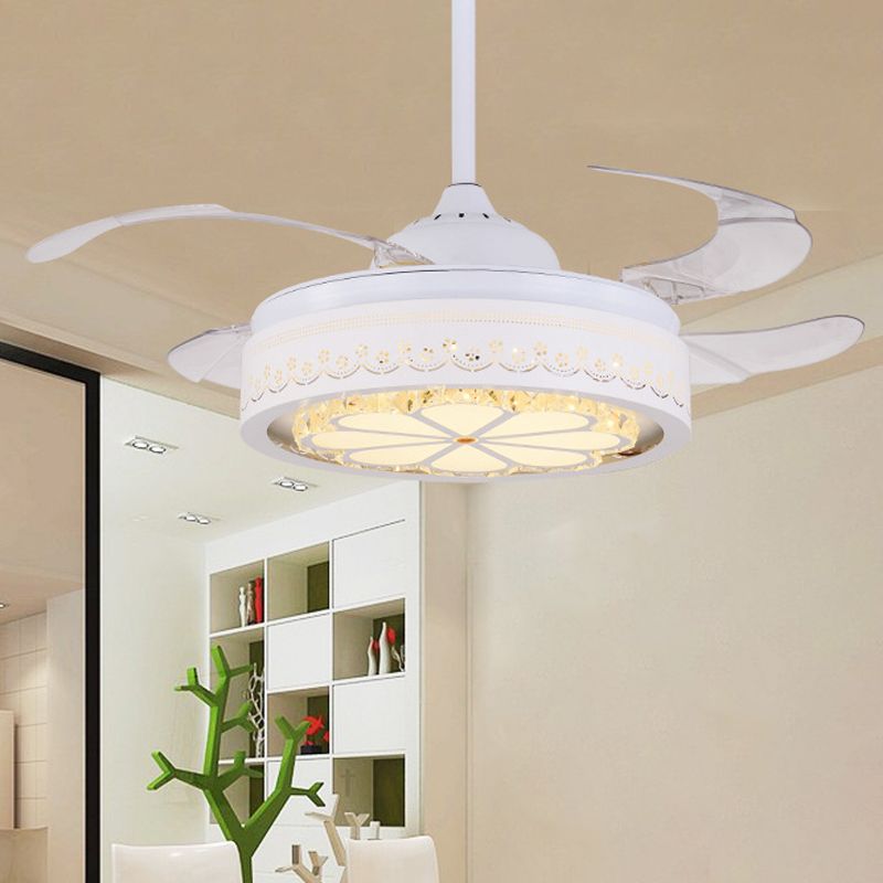 Flower Crystal Ceiling Fan Lighting Modern LED Living Room Semi Flush Light in White with 4 Clear Blades, 42" Wide