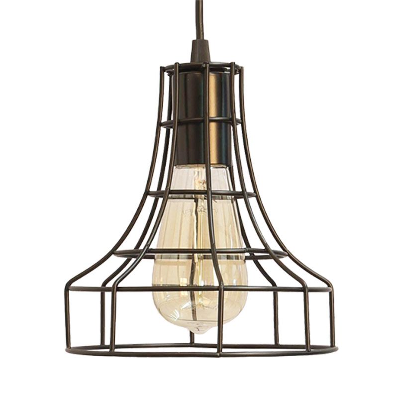 1 Light Hanging Ceiling Light with Bell Cage Shade Metal Industrial Dining Room Pendant with Direct Wired Electric/Plug in Electric